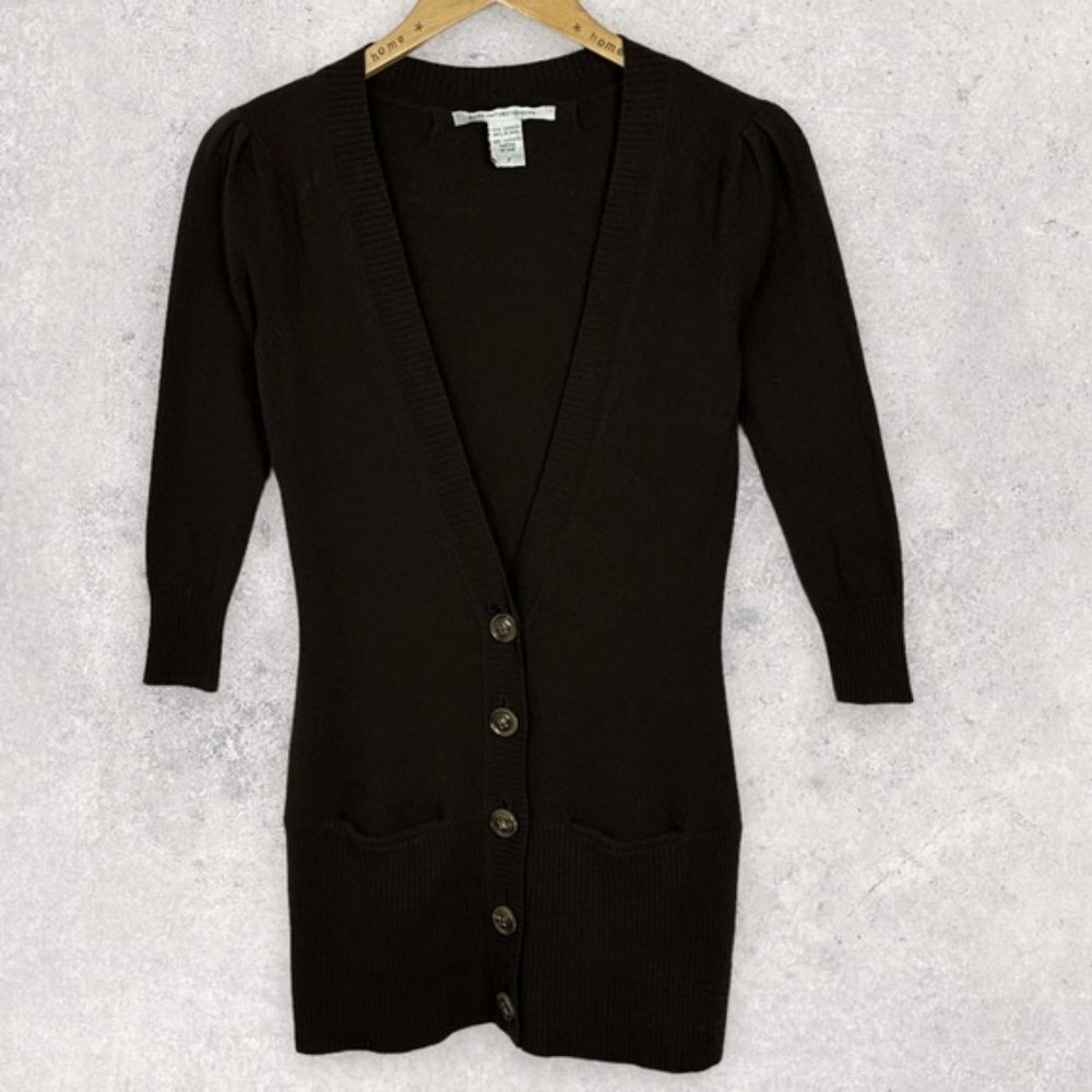 DVF 100% Cashmere Chocolate Brown Cardigan Knit Sweater V-Neck Size XS or‎ P Rib